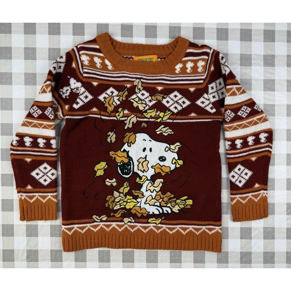 Peanuts Snoopy Fall Leaves Sweater Kids XL 7 Orange Cozy Autumn